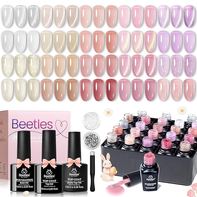 Beetles Cat Eye Gel Polish Set - 20 Colors Jelly Cat Eye Gel Nail Kit, Glowy Grace Nude White Pink Purple Base Colors, Soak Off UV Glitter Trend Nails Charms Spring Gift for Women