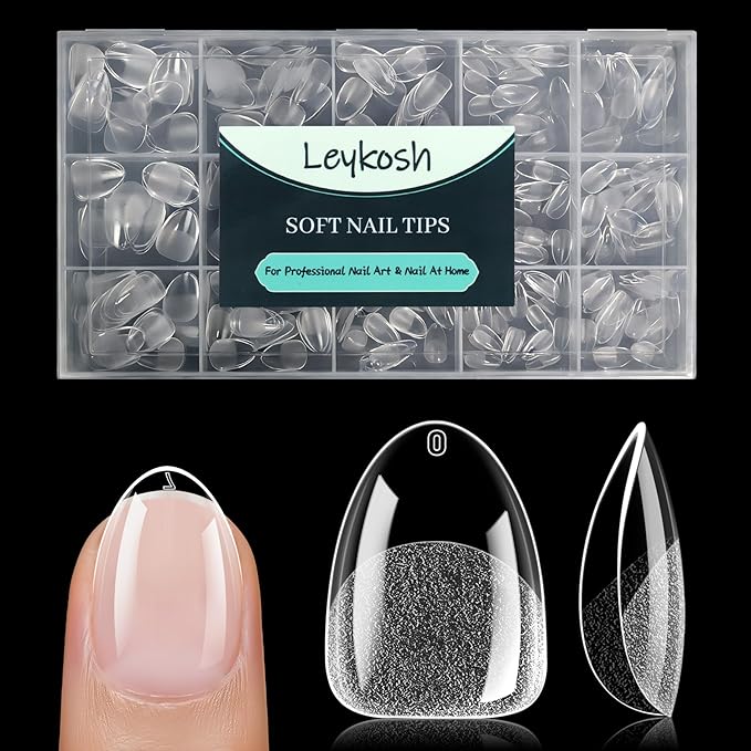 Extra Short Almond Nail Tips - 15 Sizes 330PCS Soft Gel Fake Nails, Half Matte Full Cover Pre-Shaped Clear Press On Acrylic Nails No C Curve for Extension, DIY Home Manicure Beauty Gifts