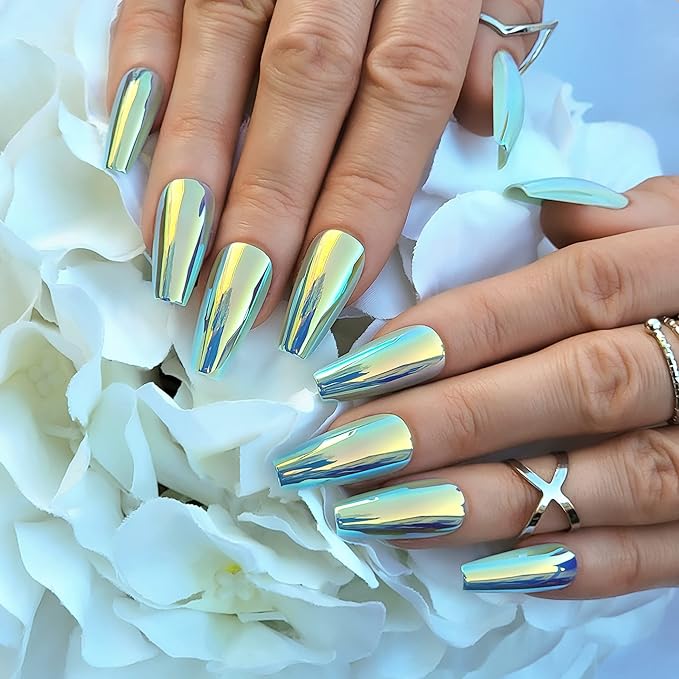 Hypnaughty 24 Pcs Chameleon Chrome Luxury Coffin Medium Long Press On Nails and Glue Reflective Mirror False Nails (Chameleon)