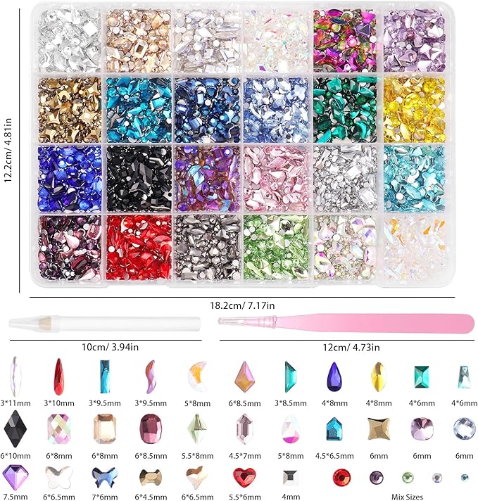 7680Pcs Crystal Nail Rhinestones, 24 Styles Rhinestones for Crafting, Multi Shapes Size Colors Flatback Rhinestone Bedazzled Gems for Nails Face Eyes Makeup Crafts Clothes Tumbler