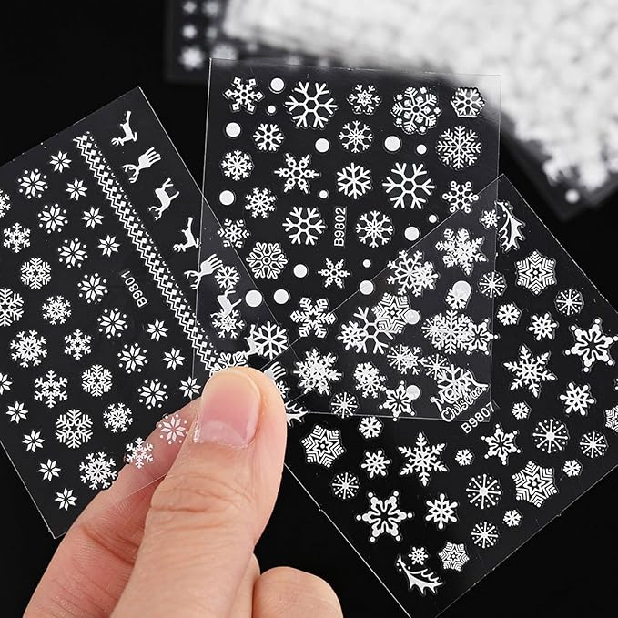 30 Sheet Christmas Nail Art Stickers with 3D Self-Adhesive Snowflake Design for Winter Nail Decals and Elk Themed Art. White Design for Women