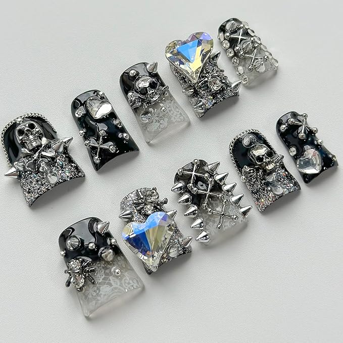 Halloween Luxury Press on Nails Short Duck Handmade 3D Unique Reusable ABS Material Fake Nails Black False Nails with Designs Rhinestones Spider Skull Glossy Glue on Nail Thick Acrylic Nail(M)