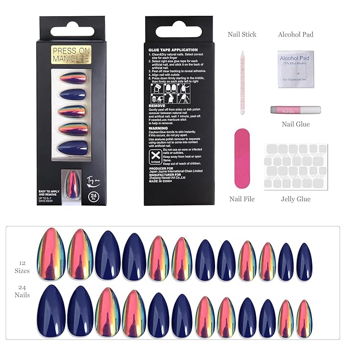 Acrylic Press On Nails Blue Almond - Nail Kit Iridescent Chrome Reusable Manicure for Women, 24 Nails in 12 Sizes with Glue, Adhesive Tabs, File, Prep Pad, Manicure Stick