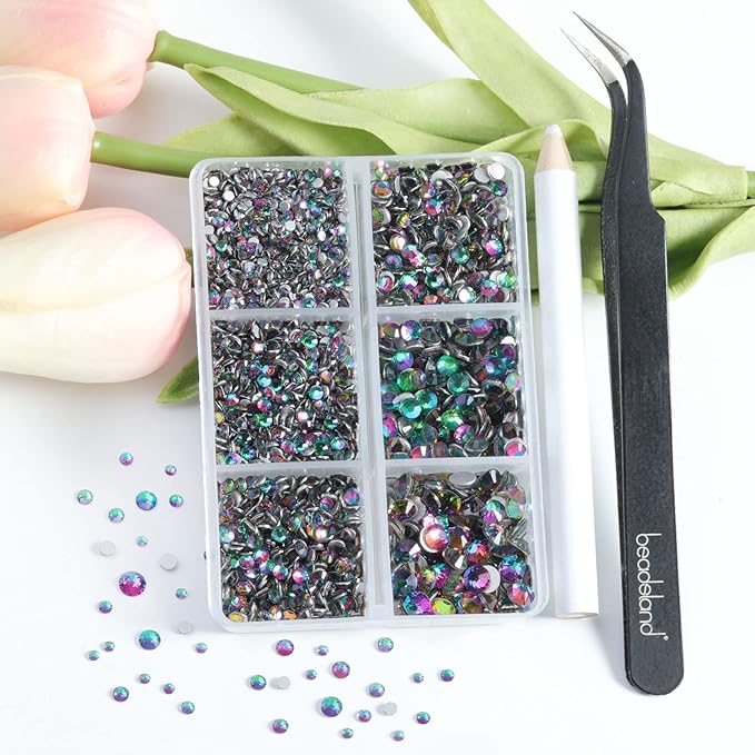 Beadsland 4300pcs Flatback Rhinestones,Green Rhinestones Nail Gems Round Crystal Rhinestones for Crafts,Mixed 6 Sizes with Picking Tweezers and Wax Pencil Kit, SS6-SS20,Green Volcano
