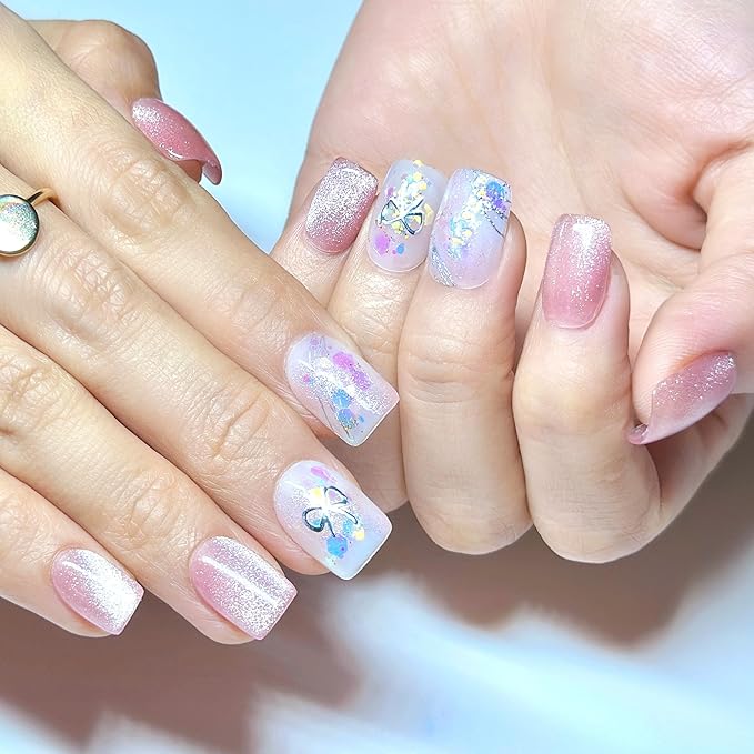Handmade Press On Nails Short Square Cat Eye in Light Pink with Glitter Floral Details & More. Reusable Nails (15 Sizes, 30 Nails + Glue) | Designed in L.A, Made in Vietnam | Sparkling Romance