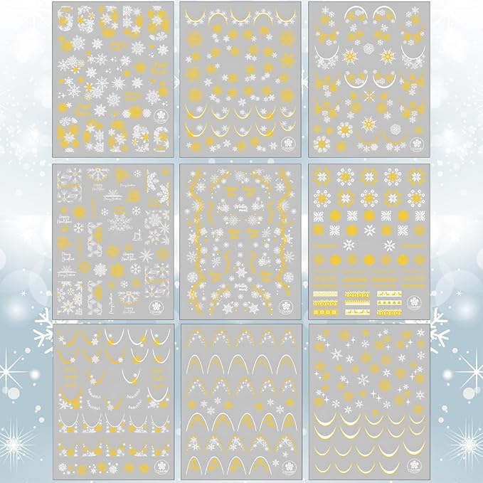 9 Sheets Christmas Snowflake Nail Stickers, Gold White 3D Self-Adhesive Winter Nail Art Decals for Women Girls Xmas Snow Sparkle Manicure Decorations