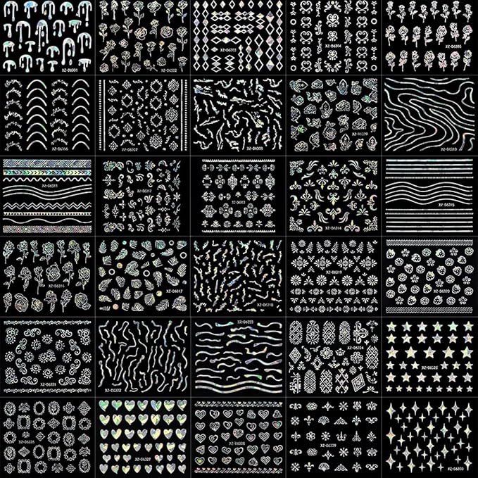 30 Sheets Aurora Nail Art Stickers Decals 3D Self Adhesive Flower Nail Stickers Aurora Star Heart Nail Decals for Nail Art Leaf Floral Nail Design for Women DIY Acrylic Nails Decoration Accessories