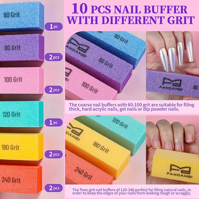 FANDAMEI Nail Buffer Block, 10 PCS Buffers for Nails with Different Grit, Nail Block Buffer, Nail Buffing Block, Buffer Nail File, Cuticle Trimmer, Nail Care Kit, Nail Tools, Manicure Tools, Nail Kit