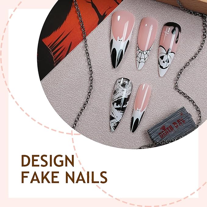 Halloween Press on Nails,White Black Ghost Fake Nails | Long Stiletto False Nails with Spider Web & Pumpkin Designs,Full Cover Stick on Nails for Women Girls | Halloween Nail Art Decor - 24Pcs