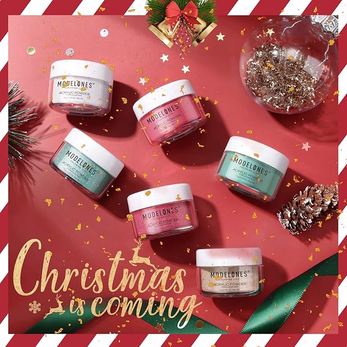 Modelones Christmas Colors Acrylic Powder Kit - 6 Colors Golden Glitter Yellow Green Dark Red Sliver Christmas Eve Cover Powder for Nail Art Extension - No Lamp Needed