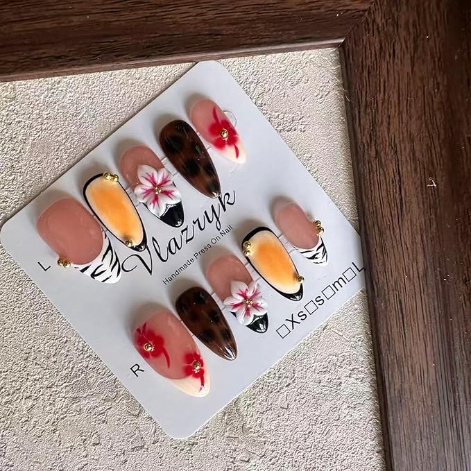 Handmade Press On Nails – Luxury 3D Flower French Tip Designs ， Medium Almond Reusable False Nails for Women & Girls ，Salon-Quality Autumn Winter Nail Art (10PCS)
