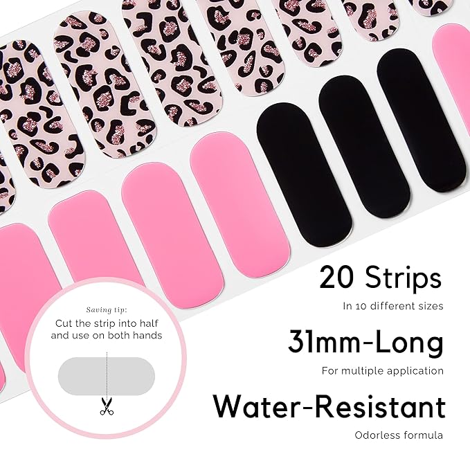 NAILOG Semi Cured Gel Nail Strips (20 Extra Long Polish Stickers/Wraps) │ Glossy & Long Lasting Soft Gel Finishing │Pink Leopard