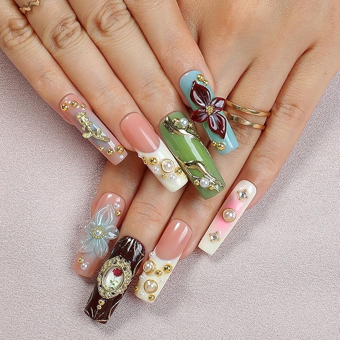 Handmade Press on Nails Long Square Fake Nails Luxury Pearl Rhinestone & 3D Flower Art Designs Salon Quality Acrylic Nails French Tip Gold Rose Steel Ball False Nails Stick on Nail for Women（Size M)