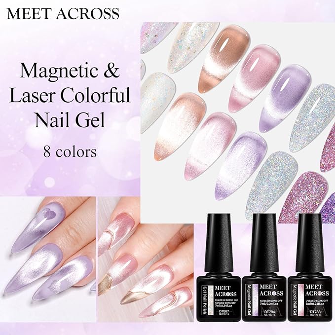 MEET ACROSS 8pcs Gel Nail Polish Set, UV LED Lamp, Nail Art Kit (7ml Cat Eye Glitter Gel Polish)