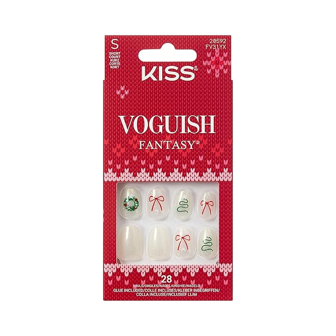 KISS Voguish Fantasy Holiday Press On Nails, ‘Sugar & Spice’, White, Short Oval, No Damage To Natural Nails, Pink Gel Nail Glue (2g), Mini Nail File, Manicure Stick, & 28 Fake Nails