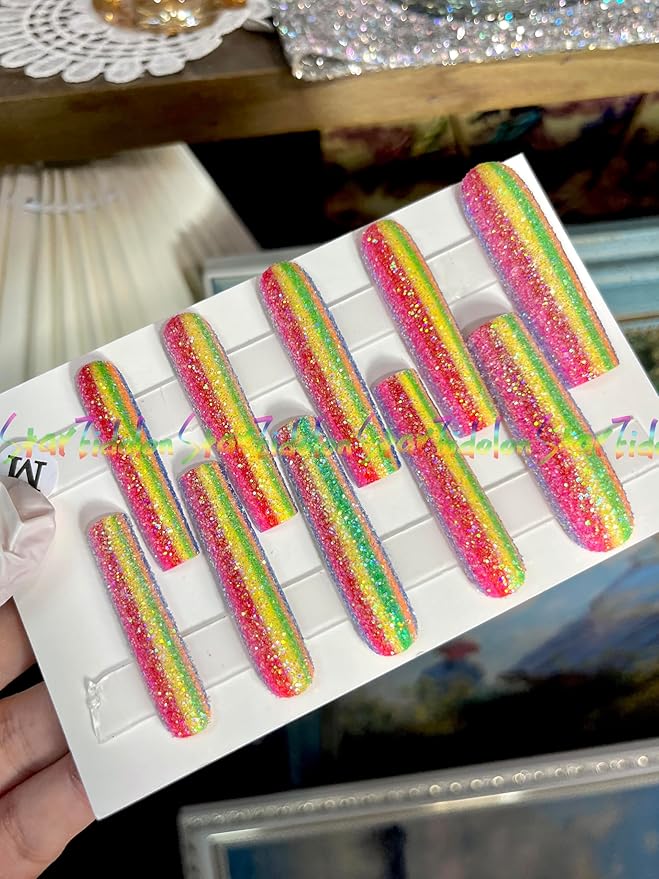 HAND-PAINTED White Press Ons Neon Small Press on Nails Long French Press on Nails Coffin Medium Short Nail art Fake Nail Art Kit with 7g Glue on Nails Handmade Almond Square Nails (Medium, J8)