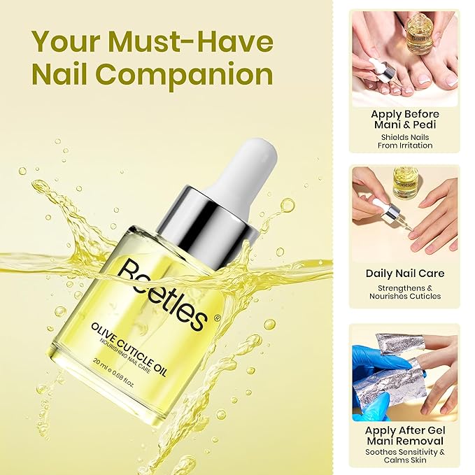 Beetles Cuticle Oil for Nails 20ml, Olive Nail & Cuticle Care Oil, Nourishing Hydrating Cuticle Treatment, Strengthen and Repair Dry Cracked Cuticles, Moisturizing Nail Oil for Manicure