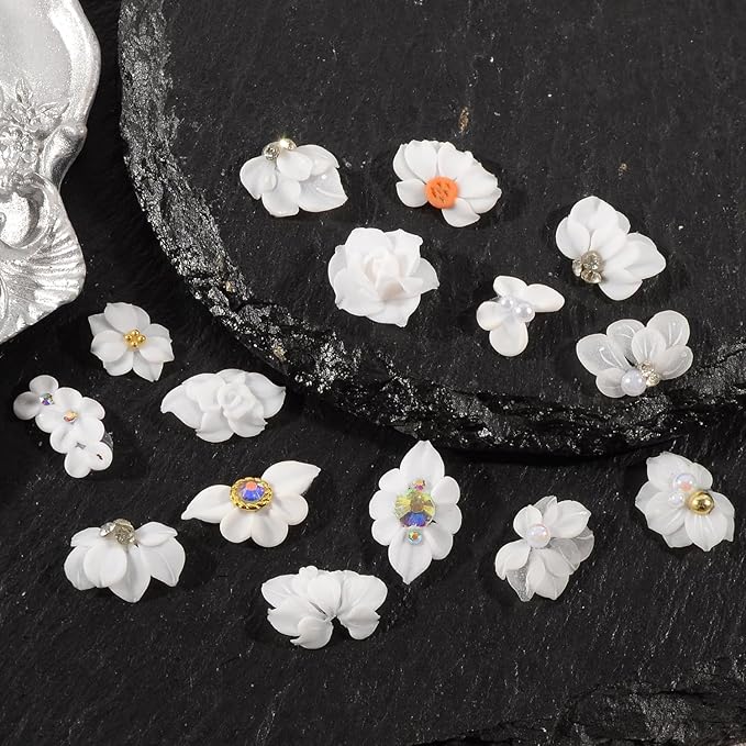 30PCS 3D Handmade Flower Nail Art Charms Advanced Handcrafted Cherry Blossom Flower Colorful Sculpted Floral Nails with Rhinestone Caviar Beads Design for Women Profession Nail Art Craft Jewelry