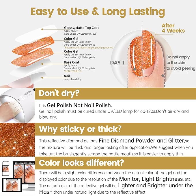 YTD Likomey Colorful Reflective Glitter Gel Nail Polish,15ml Orange Flash Diamond Shimmer Nails Gel,Sparkly Shiny Salon Home Fall Winter Manicure UV Varnish,SZ394