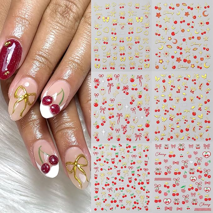 6 Sheets Cherry Nail Art Stickers 3D Valentines Nail Stickers Self-Adhesive Cute Cherries with Gold Heart Bow Nail Designs Supplies Summer Fruit Nails Decals for Women DIY Manicure Decor