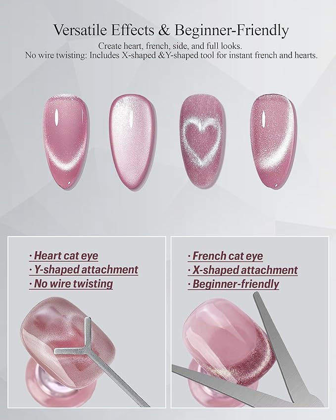 4-Piece Cat Eye Magnet Set with Case – Heart-Shaped & French-Shaped Magnets for Nail Art, Cat Eye Magnet Art Tool, 3-in-1 Magnetic Pen for Salon Professionals & Home DIY, Pink
