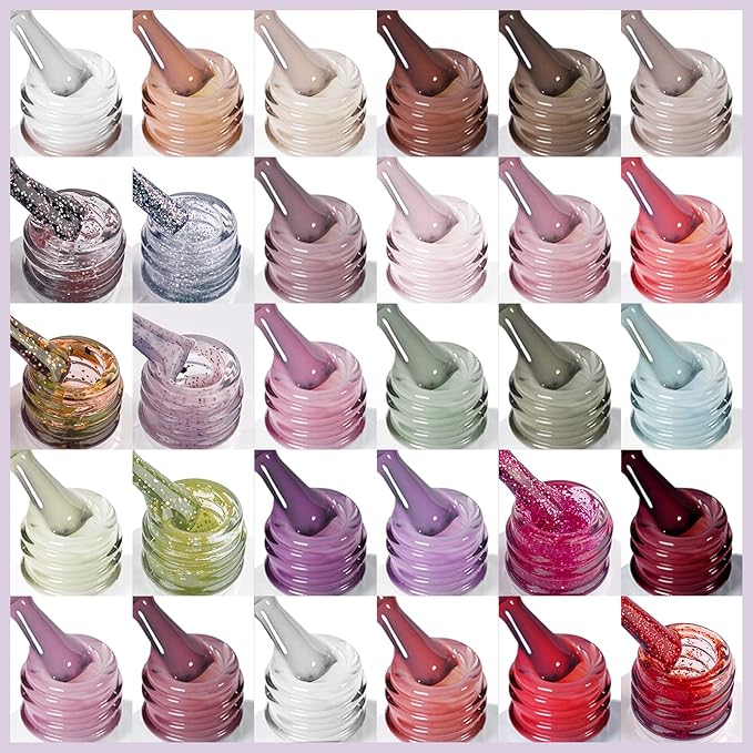 SAVILAND Gel Nail Polish Set: 33pcs Red White Pink Glitter Soak-off Nail Polish with Base & Glossy Matte Top Gel Dark Red Manicure Gifts