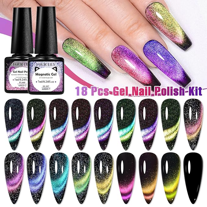 Cat Eye Gel Nail Polish Set, 18 Colors Magnetic Gel Polish Kit 9D Reflective Neon Light Strip Cateyes Nail Polish Chameleon Galaxy Glitter Effect Salon Gel Manicure Nail Art DIY at Home