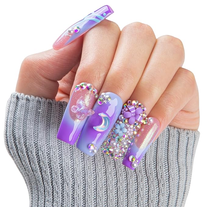 LOVFUL Short French Tip Press on Nails Lilac Stardust | Handmade Acrylic Press ons| Reusable Fake False Nails | Square Classic Regular 1.3in | H743-S
