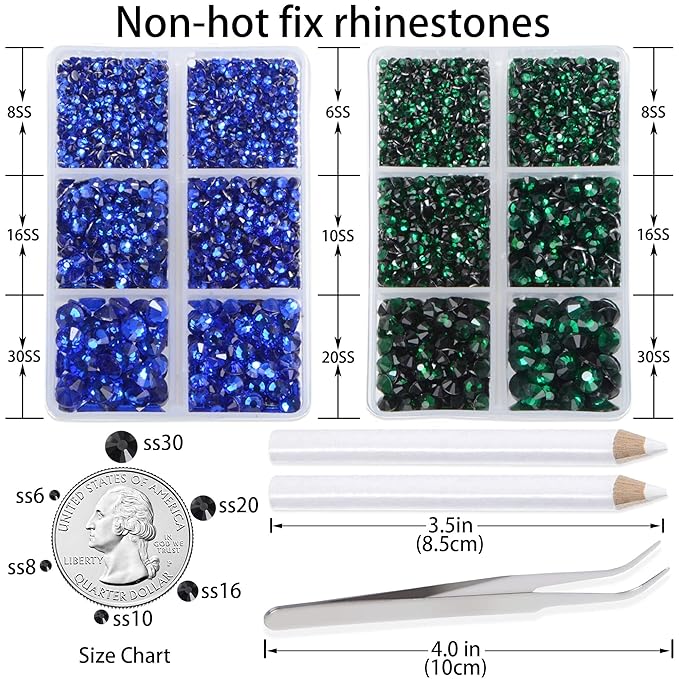 LPBeads 6000 Pieces Emerald and Sapphire Non Hotfix Rhinestones 6 Sizes Round Crystal Glass Flat Back Rhinestones with Tweezers and Picking Pen for Nail Art Crafts Clothes Bags DIY