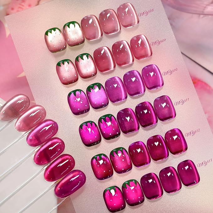 Born Pretty Cat Magnetic Eye Gel Nail Polish Set,6 Colors Jelly Glass Crystal Purple Red Pink Glitter Magnetic Gel Polish, Soak Off Nail Polish Valentine's Day Gift DIY Salon Home