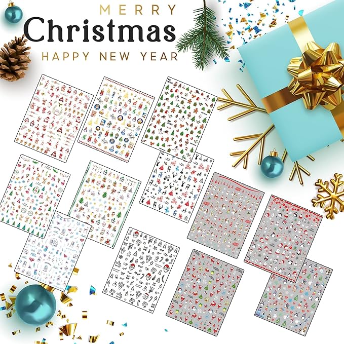 TailaiMei Christmas Nail Decals Stickers, Self-Adhesive Nail Art Decorations, Design for Santa Claus Snowflake Snowman (1366 Pcs, 12Sheets)