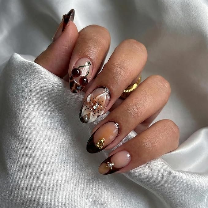 Almond Press on Nails Short Fake Nails Brown Artificial Nail Seeneey Cherry Tortoise Shell and Gold Charm Designs Flowers Stick on Nail for Women 24pcs