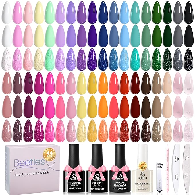 Beetles 36 Colors Gel Nail Polish Set, Pastel Jelly Pink Purple White Green Gel Polish Kit with Glitter Gel Base & Top Coat Nail Tools Soak Off UV Nail Art Salon DIY at Home Manicure Gift for Women