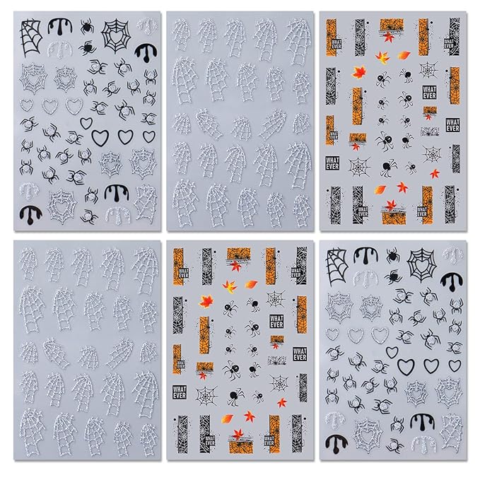 Halloween Nail Art Stickers, Slivery Nail Decals, 3D Self-Adhesive Design for DIY Nail Supplies Decoration (6 Sheets)
