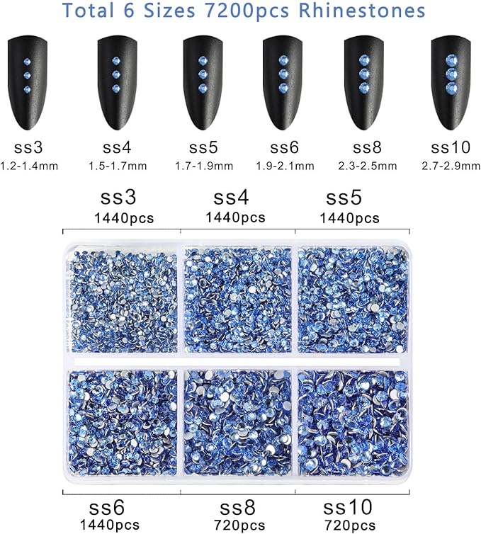 Beadsland 7200pcs Flatback Rhinestones,Light Blue Rhinestone Nail Gems Round Crystal Rhinestones for Crafts,Mixed 6 Sizes with Wax Pencil Kit, SS3-SS10,Light Sapphire