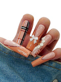 10PCS Orange Pink Press On Nails – Long Coffin Fake Nails with 3D Bows, Pearl Flowers & Geometric Line Art Design, Glossy Reusable Nails for Women and Girls – Euphrosyne