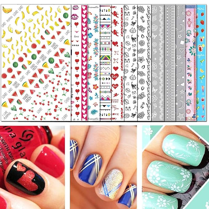 TailaiMei Nail Decals Stickers, 1600+ Pcs Self-Adhesive Tips DIY Nail Art Design Stencil (12 Large Sheets)
