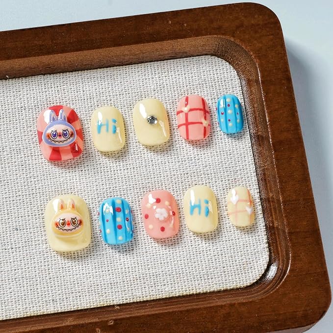 Cartoon Press on Nails Extra Short Square - 3D Cute Charms Design, Colorful Mini Figure False Nails for Women and Girls (Cartoon-B,M)
