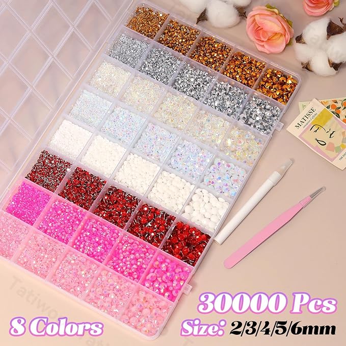30000Pcs Rhinestones Bedazzling Kit, Pink White Red Sliver Gold Resin Rhinestones for Bedazzling, 2/3/4/5/6mm Flatback Gems for Crafts, Bedazzling Kit for Clothing Shoes DIY Face Makeup Tumblers