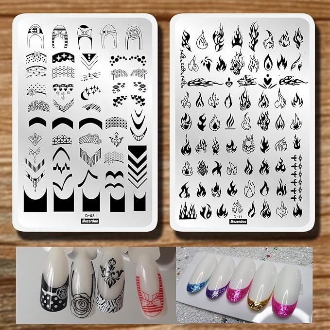 2Pcs Big Size Fire French Style Nail Stamping Plates Flame Theme Nail Stamp Templates Striped Line Geometric Image Printing Stencil Tool
