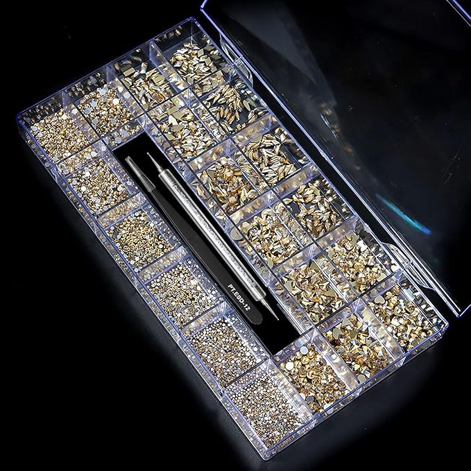 12 Types of 600 Champagne Diamonds + 2500 Flat Rhinestones Mix 20 Styles Flatback DIY Crafts Rhinestone Crystals 3D Ornament‌s Flat Back Stones Set + Tweezers + Drill Pen