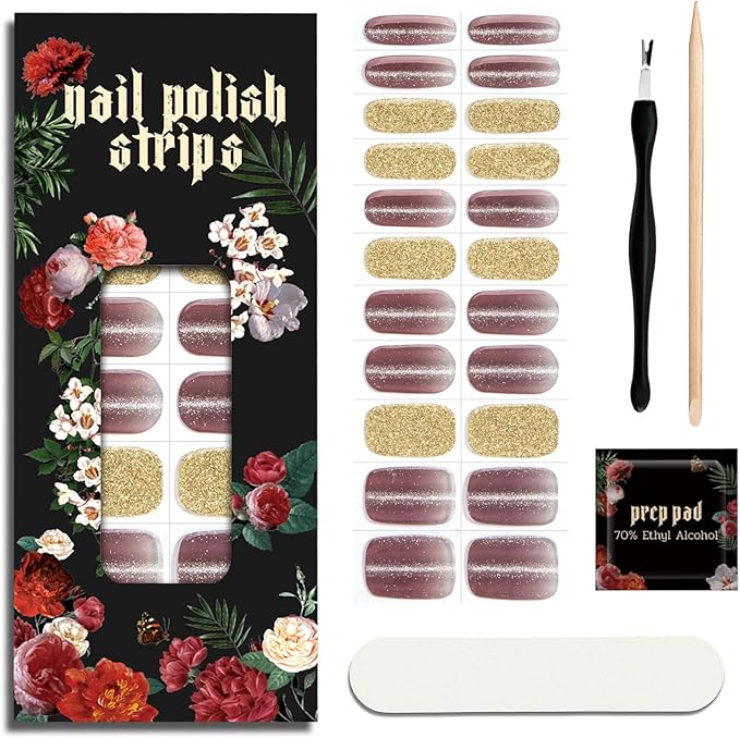 Nail Polish Strips (No UV Lamp Needed) - 22 Pcs Salon Quality Gel Nail Stickers - Long Lasting Wraps (Lavender Gold Foil)