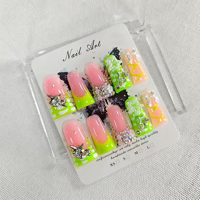Luxury Press on Nails Long Duck Handmade Fake Nails Green French 3D Bow False Nails with Rhinestones Charms Designs Reusable Artificial Sparkly Acrylic Nails Press ons for Women 10Pcs (Size M)