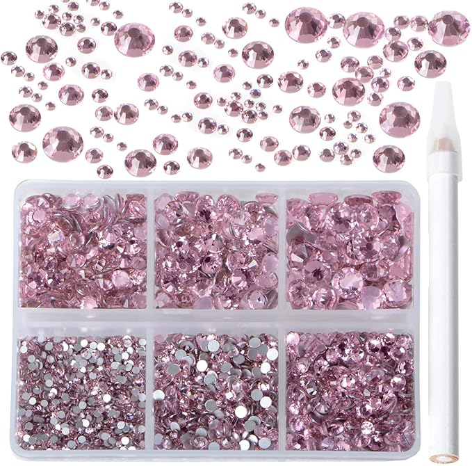 Bymitel 5000 Pieces 6 Mixed Sizes Glue Fix on Glass Rhinestones Round Crystal Gems Flatback for DIY Jewelry Making with one Picking Pen(6-Sizes 5000PCS, Lt. Rose)