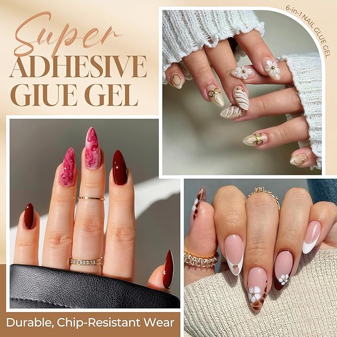 UNA GELLA 6 in 1 Gel Nail Glue for Nails Tips 10ml Long Lasting U V Nail Glue Super Strong Brush On Glue for Base Blooming Gel for Clear False Nail Tips and Press on Acrylic Nails Need Light Cured
