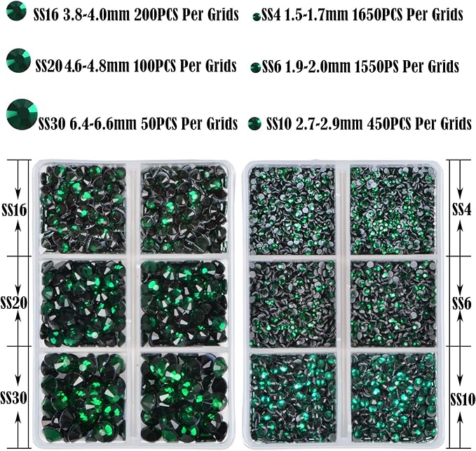 NCB Hotfix Iron on 8000pcs Crystal Rhinestones Round Gem for Crafts Decoration DIY Jewelry Making with a Tweezers and 2 Picking pens (Emerald, 6Sizes SS4-SS30)