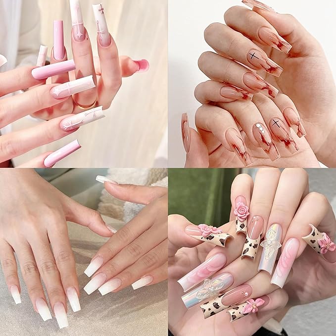 ELLEWIN 480PCS No C Curve Clear Nail Tips, 2XL Long Half Cover Straight and Coffin Nails for Acrylic Nails Kit, 12 Sizes Soft Square Gel Fake Nails Extension for Salons and Home DIY Gifts