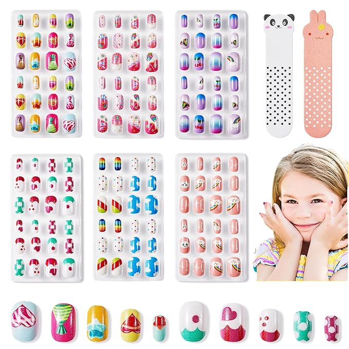 Modelones Press on Nails for Kids 144Pcs 6 Pack Children Acrylic Fake Nails Pre-glue Full Cover Glitter Gradient Color Rainbow Candy Short False Nail Kits Sets Thanksgiving Christmas Gifts for Girls