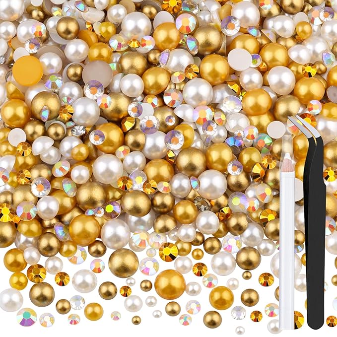 80g Flatback Pearls and Rhinestones for Bedazzling, Champagne Gold Mixed Size 3-10mm Resin Rhinestones and Half Pearls for Crafting, Nail Art and Decoration with Tweezers (White Brown)