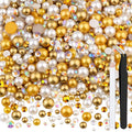 80g Flatback Pearls and Rhinestones for Bedazzling, Champagne Gold Mixed Size 3-10mm Resin Rhinestones and Half Pearls for Crafting, Nail Art and Decoration with Tweezers (White Brown)